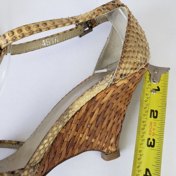 Prada Snake Leather Ankle Strap Woven Raffia Wedge Heel Sandals Size 36.5 Italy - Picture 12 of 16